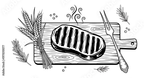 Grilled steak on a wooden cutting board with wheat ears, rosemary, and a meat fork, handdrawn vector illustration