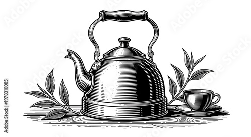 Vintage engraving style illustration of a tea kettle with a cup of tea and tea leaves