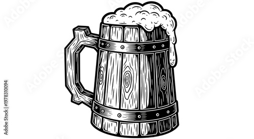 Hand drawn wooden beer mug with foam, vector illustration of a rustic ale tankard in vintage engraving style