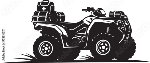 Off-road ATV vehicle, all-terrain quad bike, black and white illustration, outdoor adventure transport