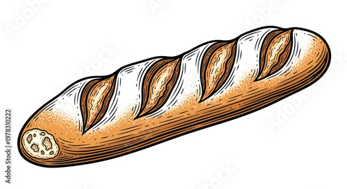 Fresh baguette bread, whole loaf of french bread, bakery product, vector illustration, hand drawn sketch