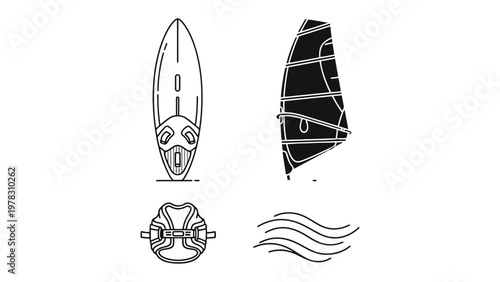 Windsurf Line Art: Minimalist line art depicting windsurf equipment and waves, perfect for illustrating summer sport and coastal lifestyle concepts.