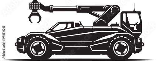 Tow truck, vehicle recovery, car transport, roadside assistance, black and white vector