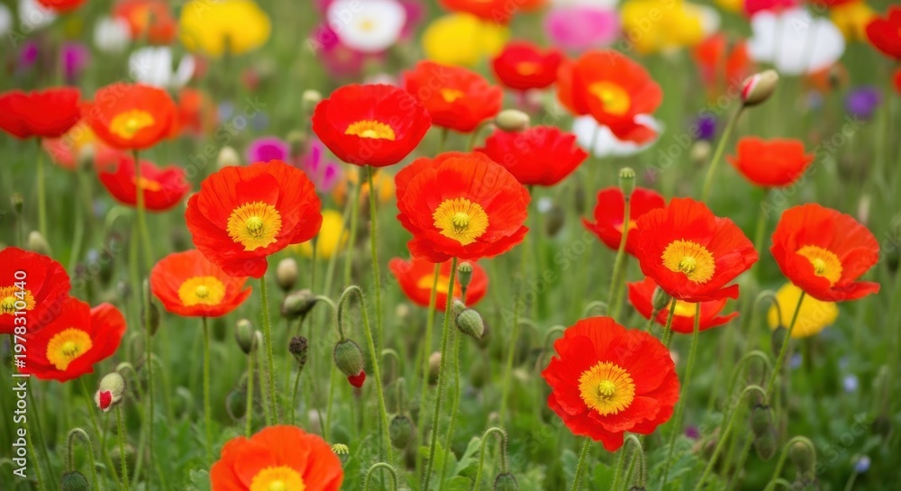 Fototapeta premium Vibrant red poppies blooming in a colorful flower field