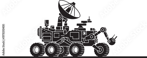 Mars Rover, Space Exploration, Robotic Vehicle, Black and White Illustration, Vector Graphics