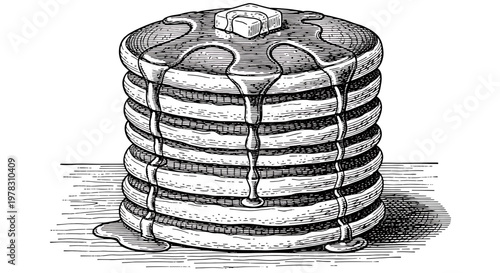 Stack of pancakes with butter and syrup, hand drawn illustration, vintage style, breakfast food, vector drawing