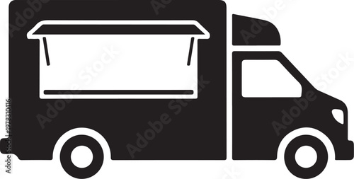 Food truck, vehicle icon, black silhouette, commercial transport, catering truck