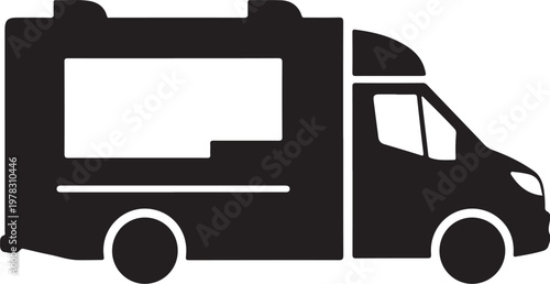 Black food truck, vector food truck icon, food delivery vehicle, truck silhouette