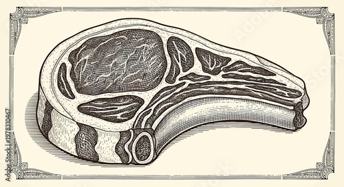 Hand drawn raw ribeye steak, bonein beef cut, vector illustration in vintage engraving style