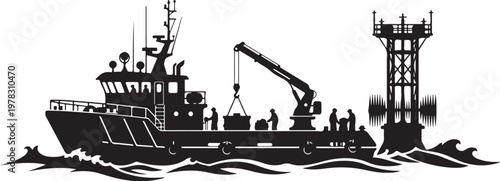 Fishing boat, offshore oil rig, vector silhouette, industrial sea vessel, marine equipment