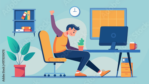 Healthy gaming concept with gamer stretching at desk illustrating wellness posture balance and ergonomic habits during computer use