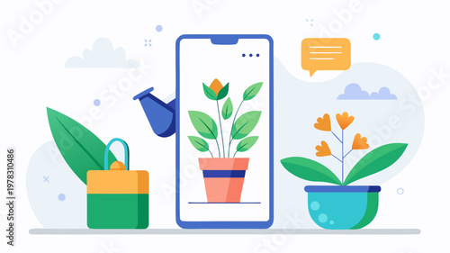 Plant care app concept with smartphone displaying houseplant and gardening tools illustrating digital plant monitoring and smart gardening lifestyle