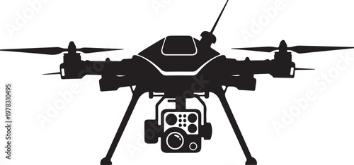 Drone, black silhouette, aerial vehicle, quadcopter, vector icon