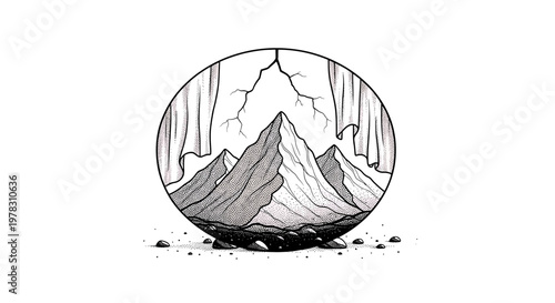 Stippling illustration of mountain peaks inside a circular frame with curtains and a lightning bolt, dotwork tattoo design style