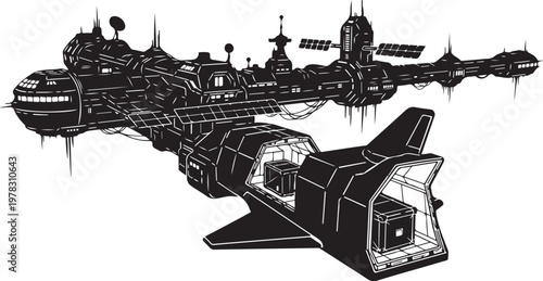 Futuristic Spaceship, Sci-Fi Space Station, Black and White Vector Illustration, Spacecraft Design Elements