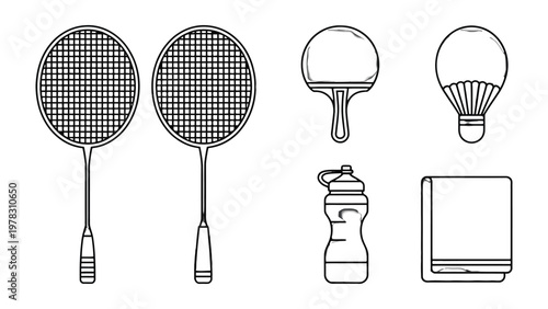Badminton and Table Tennis Essentials: An overhead shot showcases essential gear for badminton and table tennis, ideal for sports enthusiasts and health-conscious individuals. 