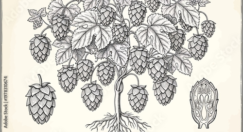Botanical illustration of a hop plant with cones, leaves, and roots, detailed vintage style drawing of humulus lupulus used in brewing beer