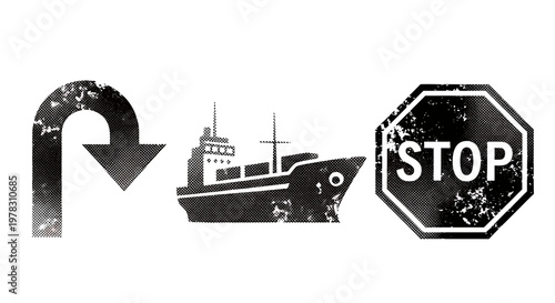 Set of three black grunge icons including a uturn arrow, a cargo ship, and a stop sign