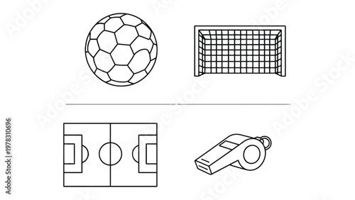 Soccer essentials: A minimalist illustration features the core elements of soccer: a ball, goal, field, and whistle, rendered in clean lines and a modern aesthetic.
