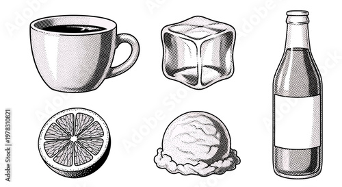 Set of food and drink icons, including a cup of coffee, an ice cube, a slice of orange, a scoop of ice cream, and a glass bottle, handdrawn vintage engraving style illustration
