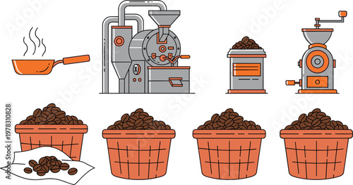 Coffee production flat icon set featuring roasting machine industrial grinder baskets of fresh beans and pan for cafe shop menu branding and manufacturing design.