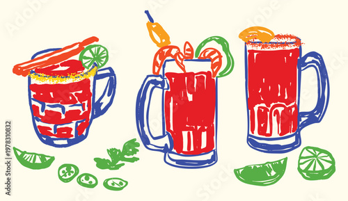 Michelada Drink Illustration Popular Mexican Beer Cocktail with Lime and Chili Set