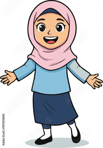 Young Muslim Girl Wearing Pink Hijab Happily Smiling with Open Arms a Welcoming Diverse Child Vector Illustration