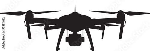 Drone, quadcopter, aerial vehicle, black silhouette, technology icon