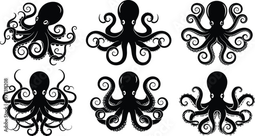 Collection of black octopus silhouettes with unique tentacle designs and cartoon-like eyes, representing marine life, sea creatures, aquatic artwork, and creative ocean illustration concepts