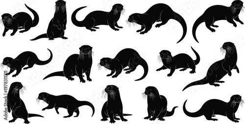 Collection of black otter silhouettes in various poses including sitting, walking, crouching, and lying down, representing wildlife, animal shapes, nature design, and artistic illustration