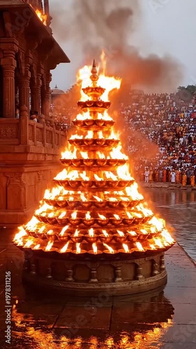A sacred ganga dussehra celebration features a towering, fiery diya pyramid illuminating a temple ghat with a vibrant glow.