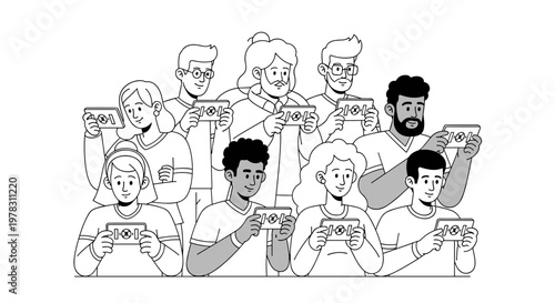 Diverse group of people holding digital tablets, engaging with technology, showcasing a modern, minimalist, black and white line art style with clean shapes and scalable design