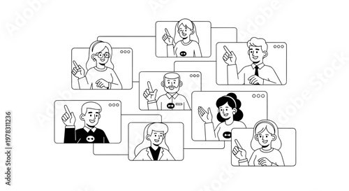 Diverse group of smiling people in separate video call windows pointing upwards, showcasing teamwork, communication, and shared ideas in a clean, modern line art style with