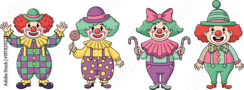 Cute clown characters vector set featuring colorful circus performers with candy and playful costumes in cartoon style illustration isolated on clean background