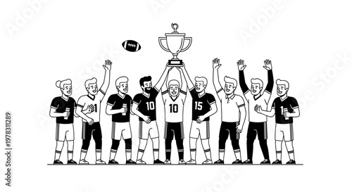Diverse team celebrates victory holding championship trophy aloft, wearing matching athletic uniforms, with football soaring mid-air, embodying triumph, teamwork, and successful