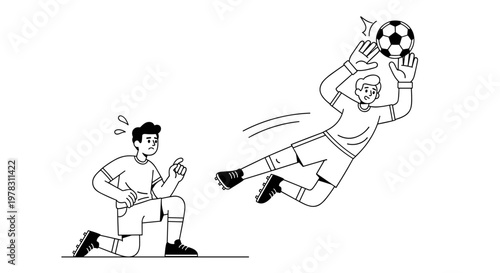 Dynamic black and white vector depicts a goalkeeper leaping mid-air to catch a soccer ball while a dejected player kneels on the field, conveying action, athleticism, and the