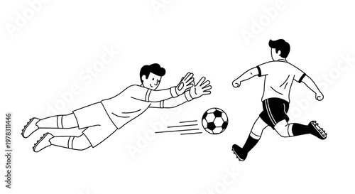 Dynamic soccer match scene featuring a diving goalkeeper attempting to save a ball kicked by an opposing player, captured with clean linework and a minimalist black and white