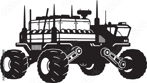 Black monster truck, off-road vehicle, big wheels, silhouette illustration, vector graphics