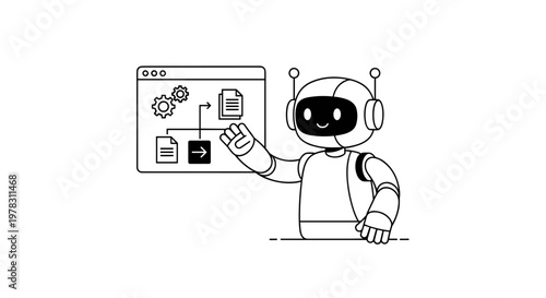 Friendly cartoon robot character presenting a digital workflow diagram with gears, documents, and an arrow, showcasing automation and process efficiency with clean lines and a