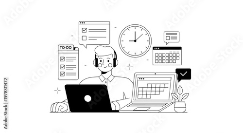 Focused person with headphones working diligently on laptops, surrounded by visual cues of productivity like to-do lists, calendars, clocks, and checkmarks, signifying efficient
