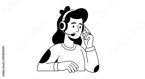Friendly female customer service representative wearing headset, attentively listening and speaking, with clean lines and simple shapes, perfect for commercial use in business and