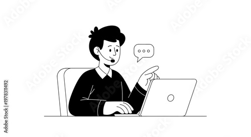 Friendly male customer service representative wearing headset, actively engaging with client via laptop, displaying communication bubble, representing support, consultation, and