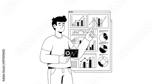 Man presenting financial data charts and graphs on a digital screen, displaying performance metrics, growth trends, and pie chart breakdowns with clean lines and minimalist black