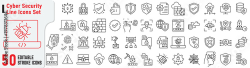 Cyber Security Outline Icons Set with 50 Editable Stroke Icons for Data Protection, Network Security, Encryption, Firewall, VPN and Digital Privacy