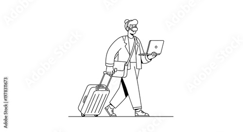 Modern individual with headphones and mask pulls wheeled luggage while holding a laptop, suggesting travel, remote work, or digital nomadism with a clean, minimalist line art