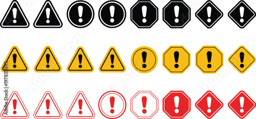 Caution alarm icon set, symbols of danger and warning signs with attention alerts designed for safety hazard communication and emergency signage graphics.