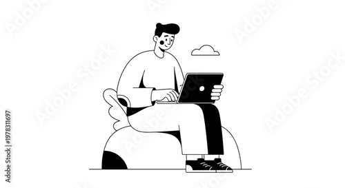 Modern minimalist character with black hair and freckles sitting outdoors on a large rock, typing on a sleek laptop, with a simple cloud floating nearby, conveying focused