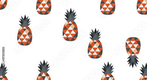 Seamless Modern Geometric Pineapple Pattern, Stylized Tropical Fruit Illustration on White Background