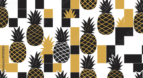 Modern Seamless Pineapple Pattern with Black and Gold Geometric Grid Tiles