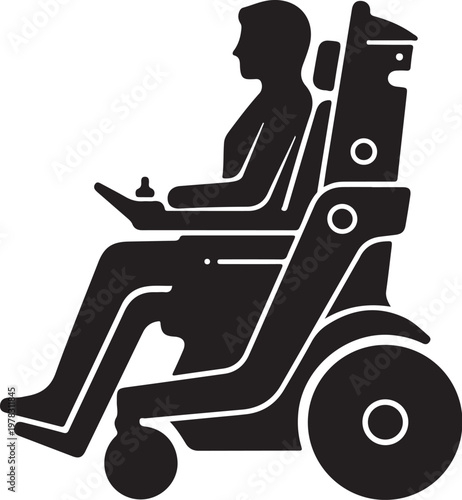 Black wheelchair icon, silhouette of person sitting, mobility aid symbol, accessibility vector